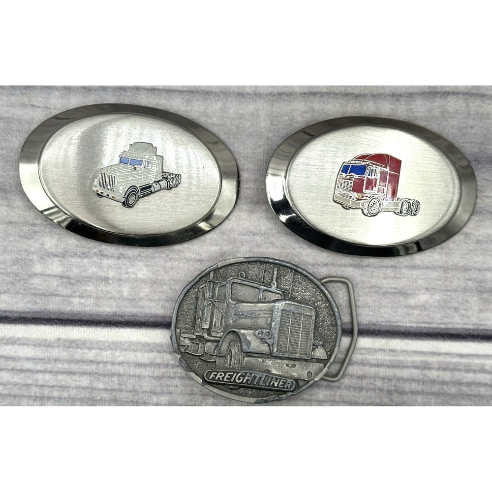 3 VINTAGE TRUCKING BELT BUCKLES - FREIGHTLINER BY TONKIN‎ INC / 2 UNMARKED
